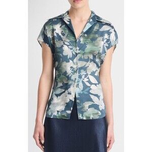 Vince Shimmer Lake Silk Green Button Collared Blouse